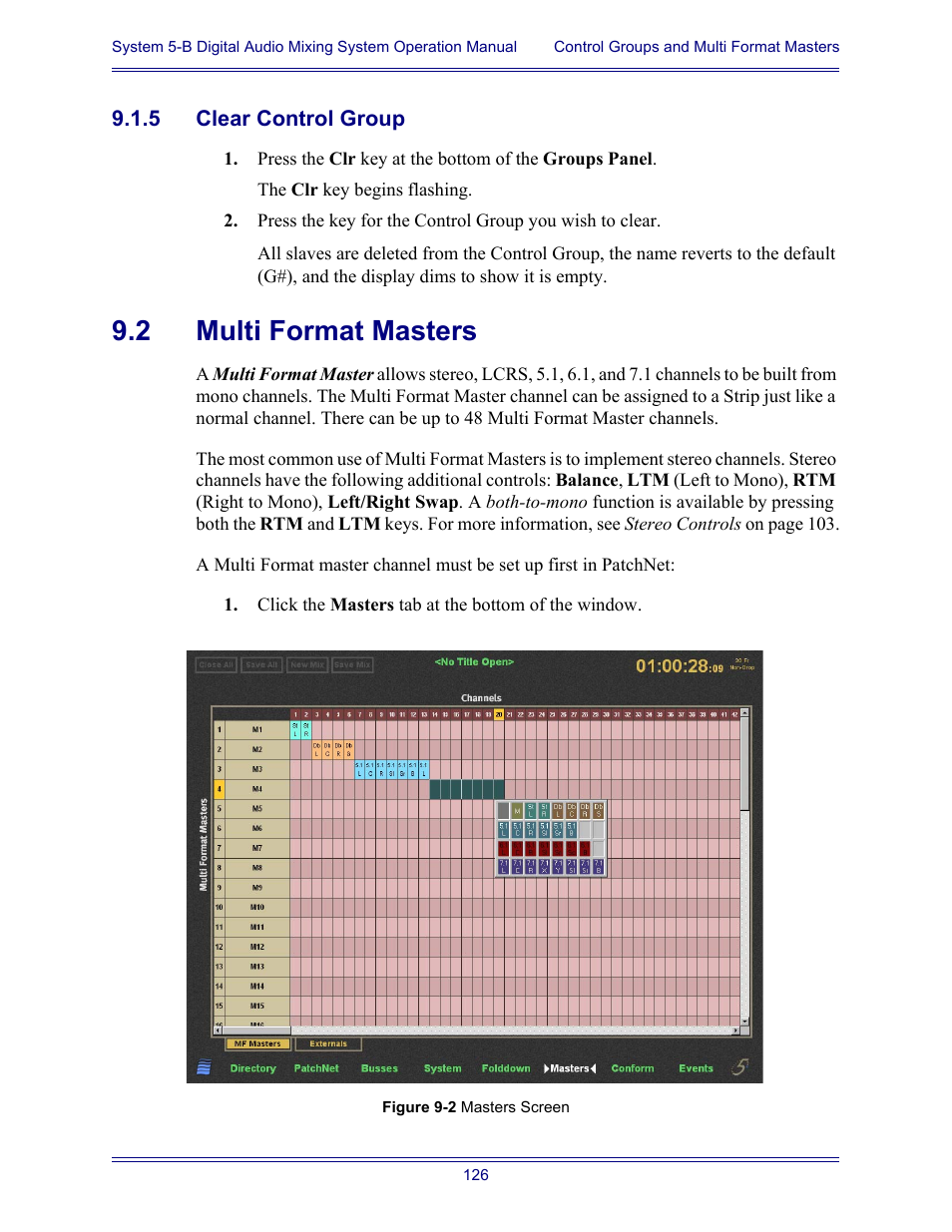 5 clear control group, 2 multi format masters, Clear control group | Multi format masters | Euphonix System Digital Audio Mixing System 5B User Manual | Page 126 / 156