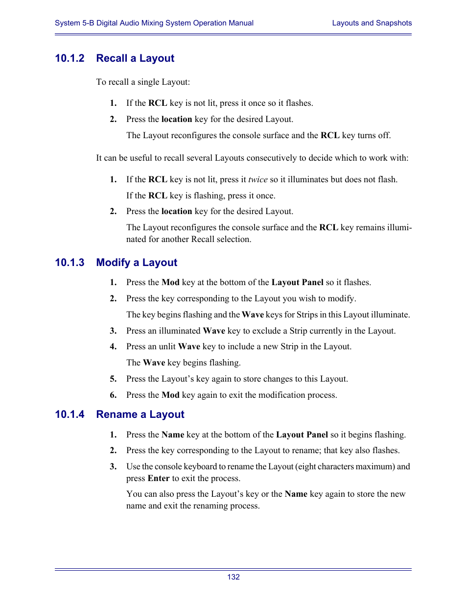 2 recall a layout, 3 modify a layout, 4 rename a layout | Euphonix System Digital Audio Mixing System 5B User Manual | Page 132 / 156