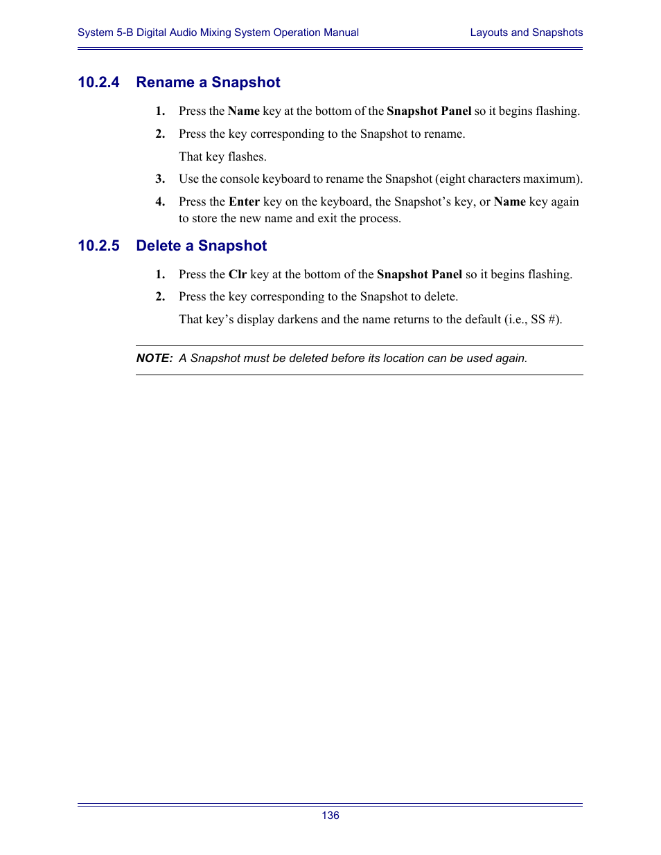 4 rename a snapshot, 5 delete a snapshot | Euphonix System Digital Audio Mixing System 5B User Manual | Page 136 / 156