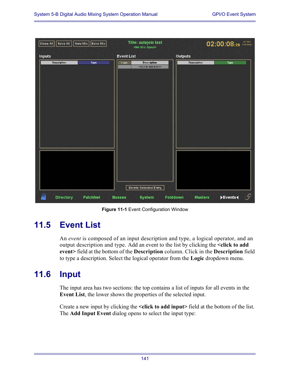 5 event list, 6 input, Event list | Input | Euphonix System Digital Audio Mixing System 5B User Manual | Page 141 / 156