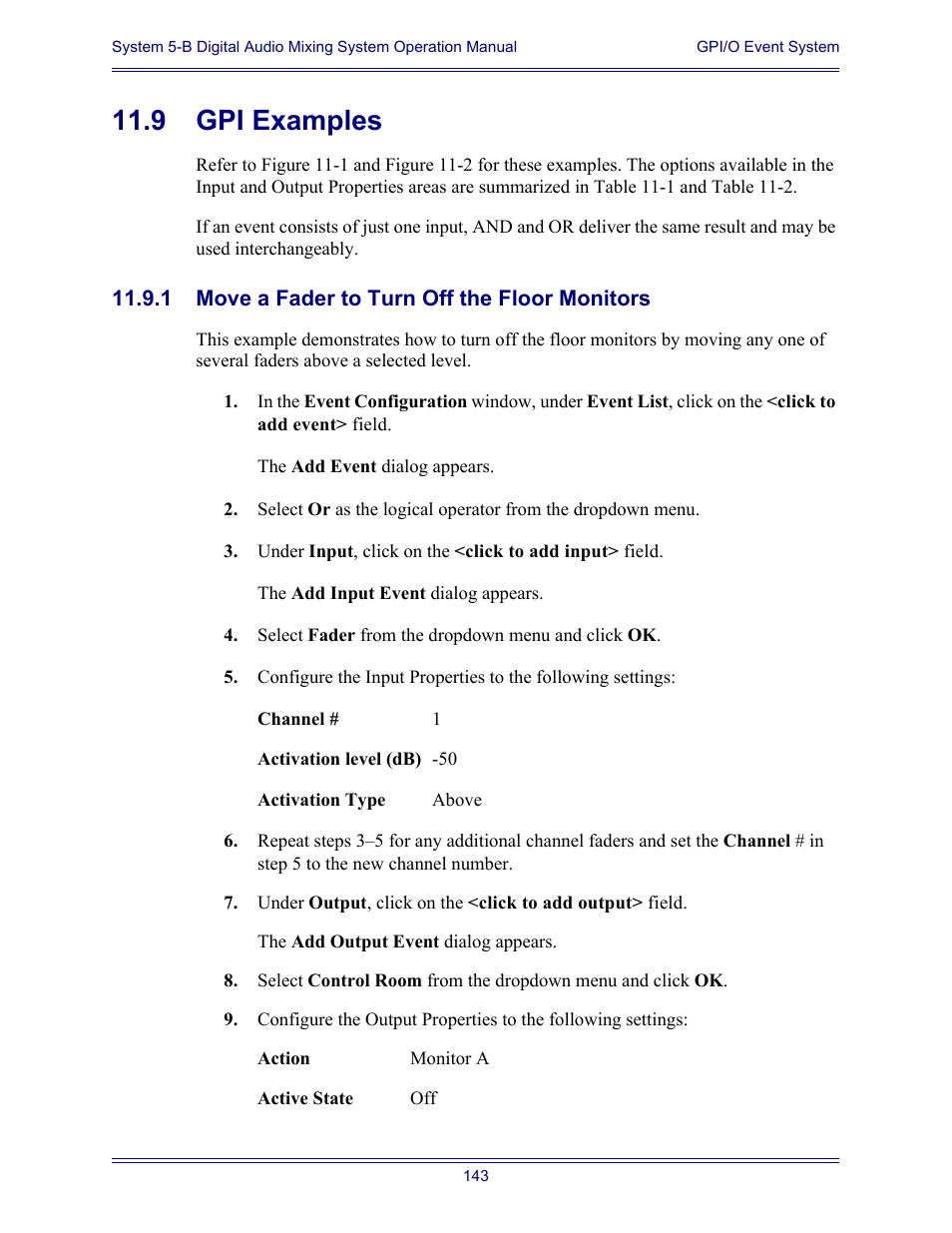 9 gpi examples, 1 move a fader to turn off the floor monitors | Euphonix System Digital Audio Mixing System 5B User Manual | Page 143 / 156