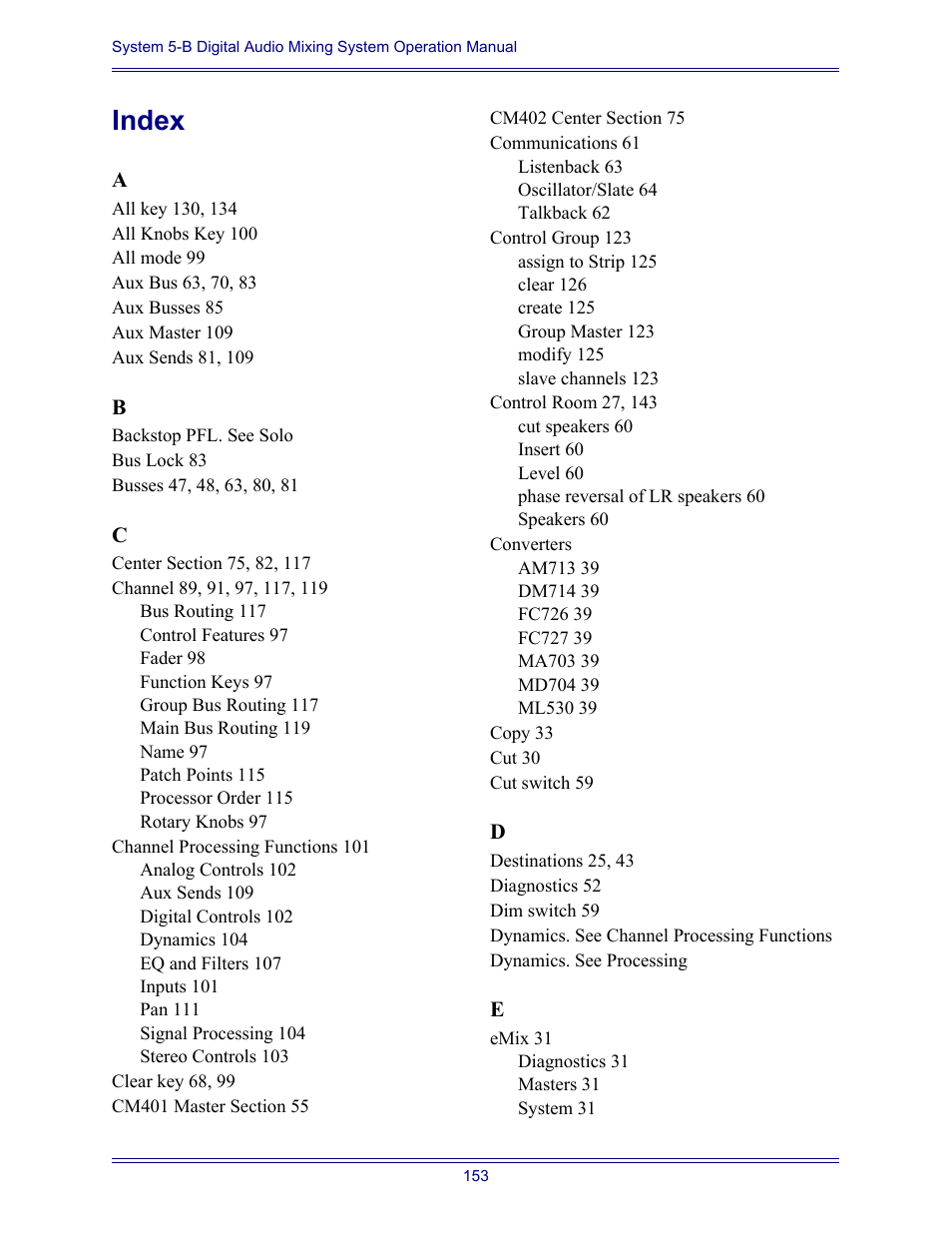 Index | Euphonix System Digital Audio Mixing System 5B User Manual | Page 153 / 156