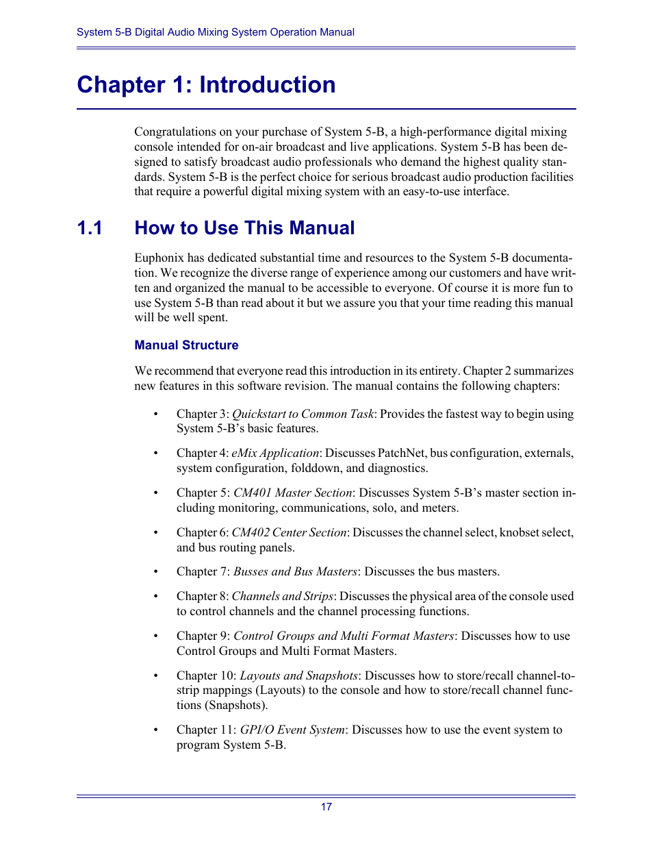 Chapter 1: introduction, 1 how to use this manual, Manual structure | How to use this manual | Euphonix System Digital Audio Mixing System 5B User Manual | Page 17 / 156