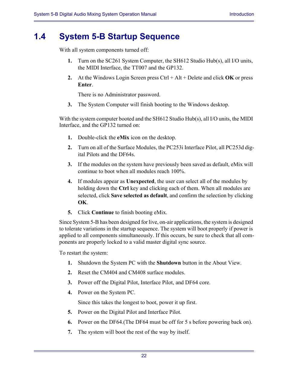 4 system 5-b startup sequence, System 5-b startup sequence | Euphonix System Digital Audio Mixing System 5B User Manual | Page 22 / 156