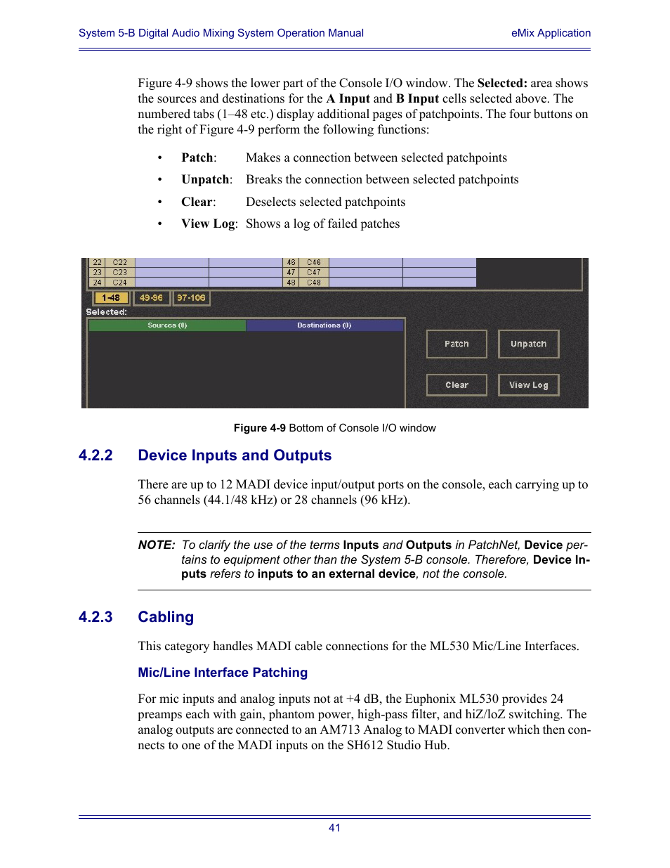 2 device inputs and outputs, 3 cabling, Mic/line interface patching | Device inputs and outputs, Cabling | Euphonix System Digital Audio Mixing System 5B User Manual | Page 41 / 156