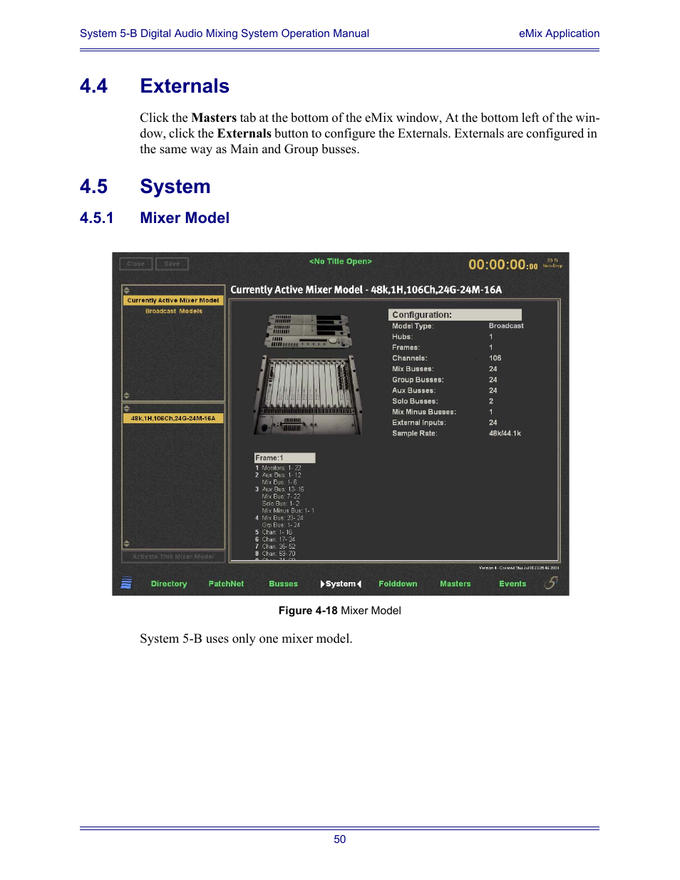 4 externals, 5 system, 1 mixer model | Externals, System 4.5.1, Mixer model | Euphonix System Digital Audio Mixing System 5B User Manual | Page 50 / 156
