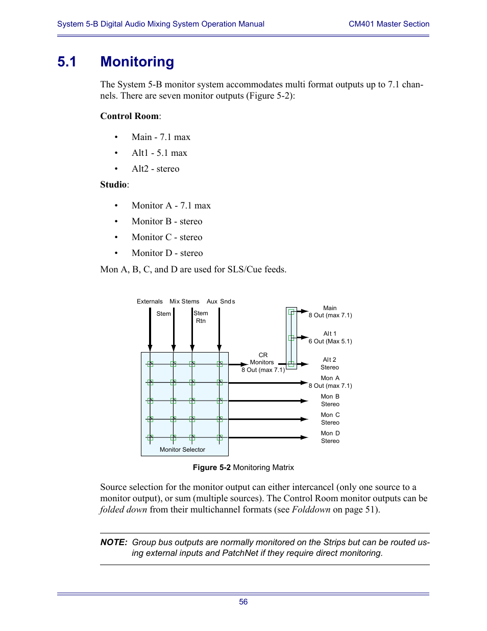 1 monitoring, Monitoring | Euphonix System Digital Audio Mixing System 5B User Manual | Page 56 / 156