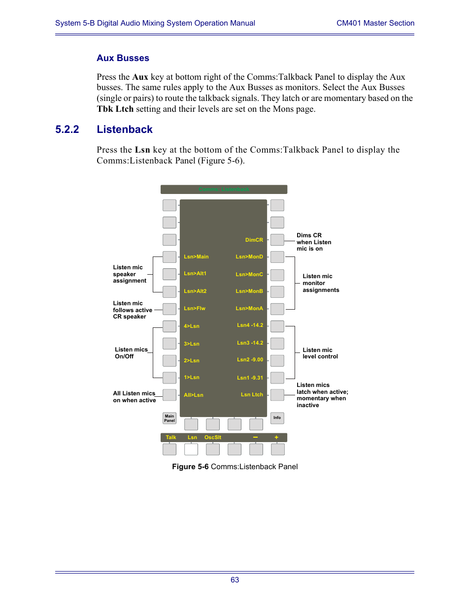 Aux busses, 2 listenback, Listenback | Euphonix System Digital Audio Mixing System 5B User Manual | Page 63 / 156