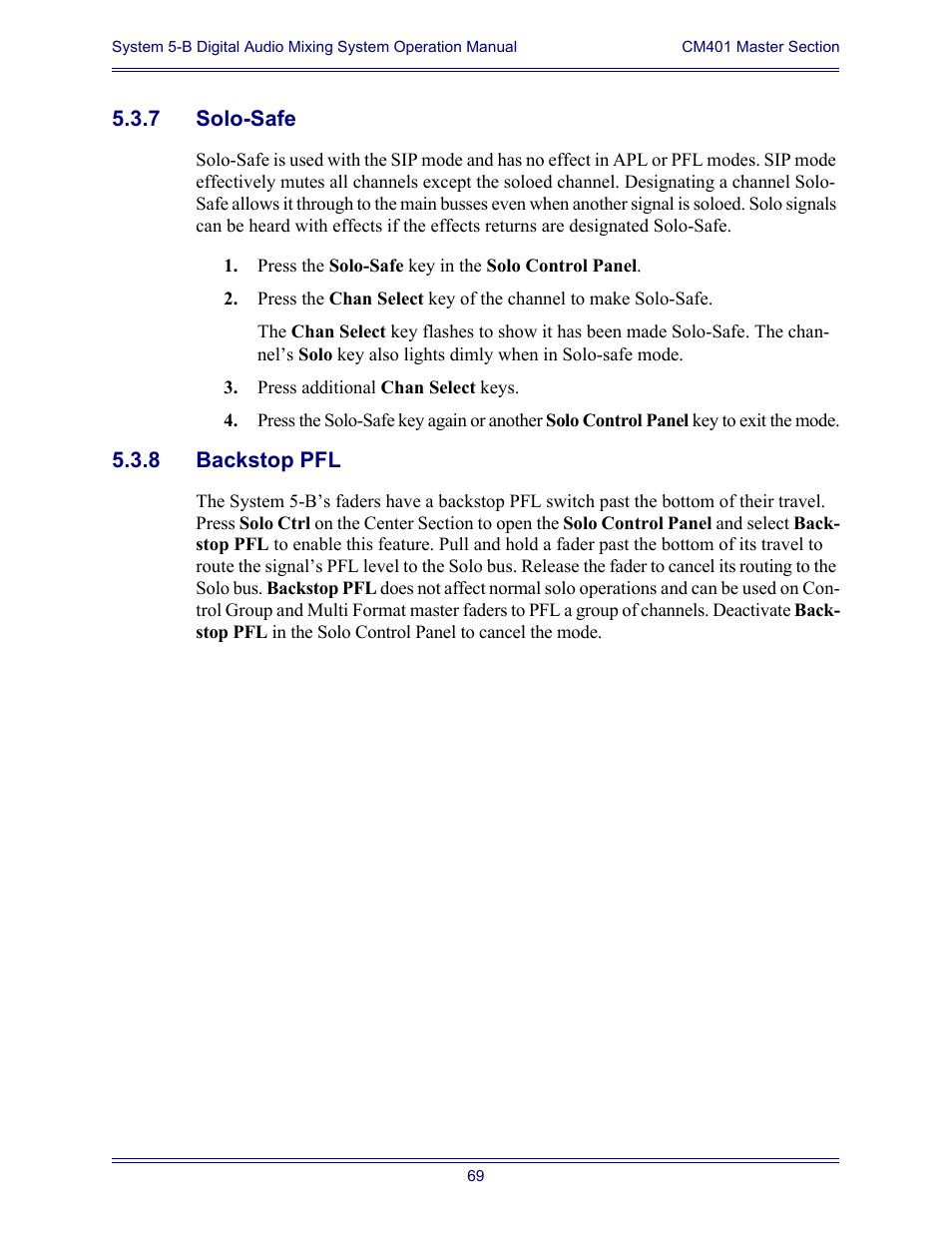 7 solo-safe, 8 backstop pfl, Solo-safe | Backstop pfl | Euphonix System Digital Audio Mixing System 5B User Manual | Page 69 / 156