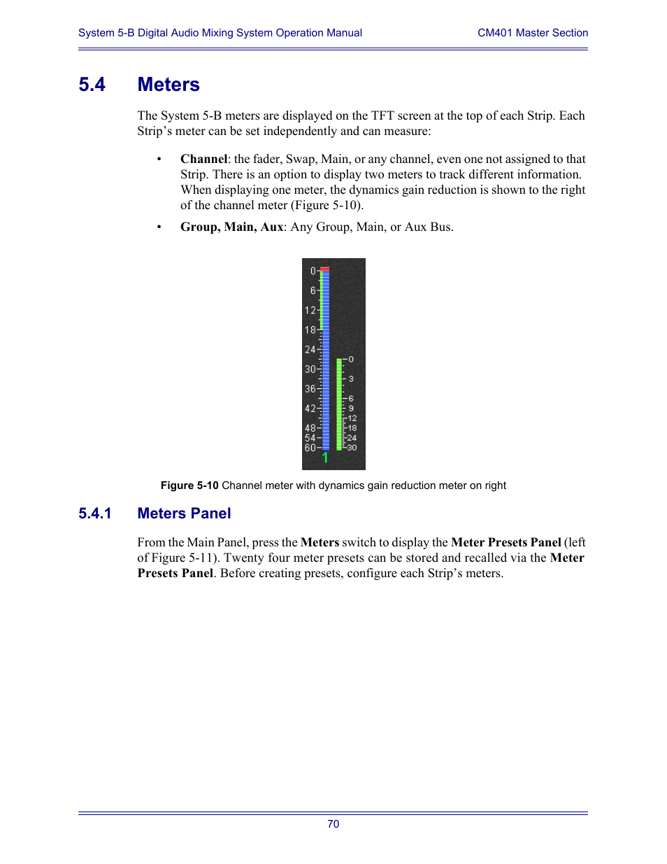 4 meters, 1 meters panel, Meters 5.4.1 | Meters panel | Euphonix System Digital Audio Mixing System 5B User Manual | Page 70 / 156