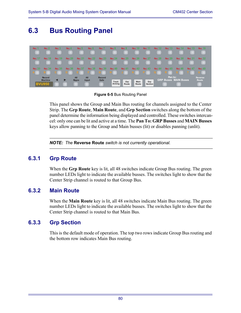 3 bus routing panel, 1 grp route, 2 main route | 3 grp section, Bus routing panel 6.3.1, Grp route, Main route, Grp section, Figure 6-5 bus routing panel | Euphonix System Digital Audio Mixing System 5B User Manual | Page 80 / 156