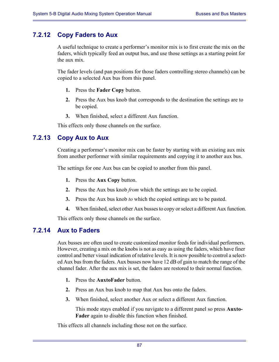 12 copy faders to aux, 13 copy aux to aux, 14 aux to faders | Euphonix System Digital Audio Mixing System 5B User Manual | Page 87 / 156