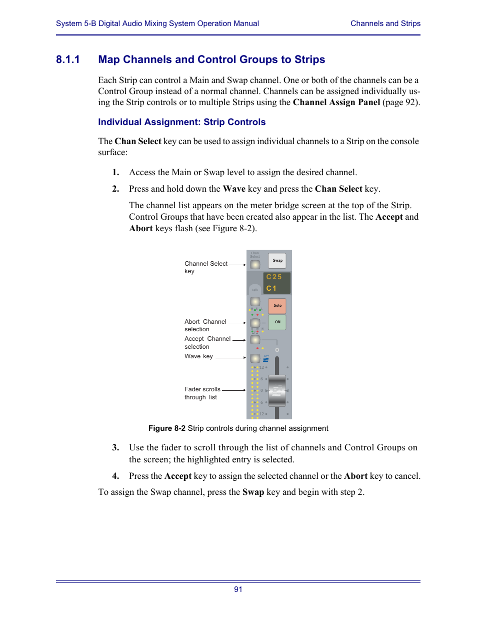 1 map channels and control groups to strips, Individual assignment: strip controls, Map channels and control groups to strips | Euphonix System Digital Audio Mixing System 5B User Manual | Page 91 / 156