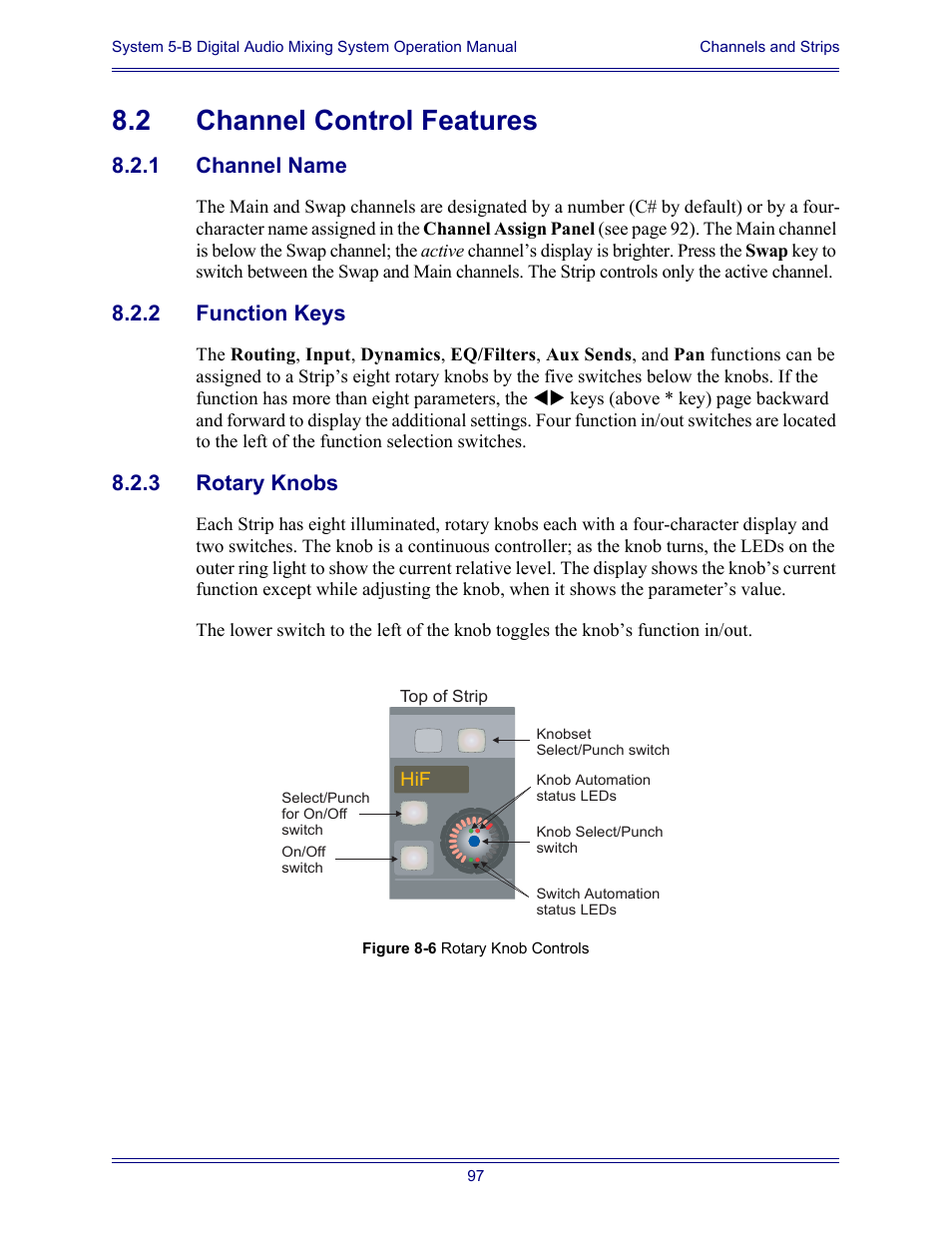 2 channel control features, 1 channel name, 2 function keys | 3 rotary knobs, Channel control features 8.2.1, Channel name, Function keys, Rotary knobs | Euphonix System Digital Audio Mixing System 5B User Manual | Page 97 / 156