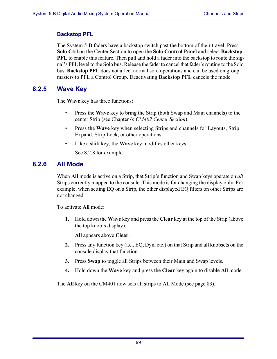 Backstop pfl, 5 wave key, 6 all mode | Wave key, All mode | Euphonix System Digital Audio Mixing System 5B User Manual | Page 99 / 156