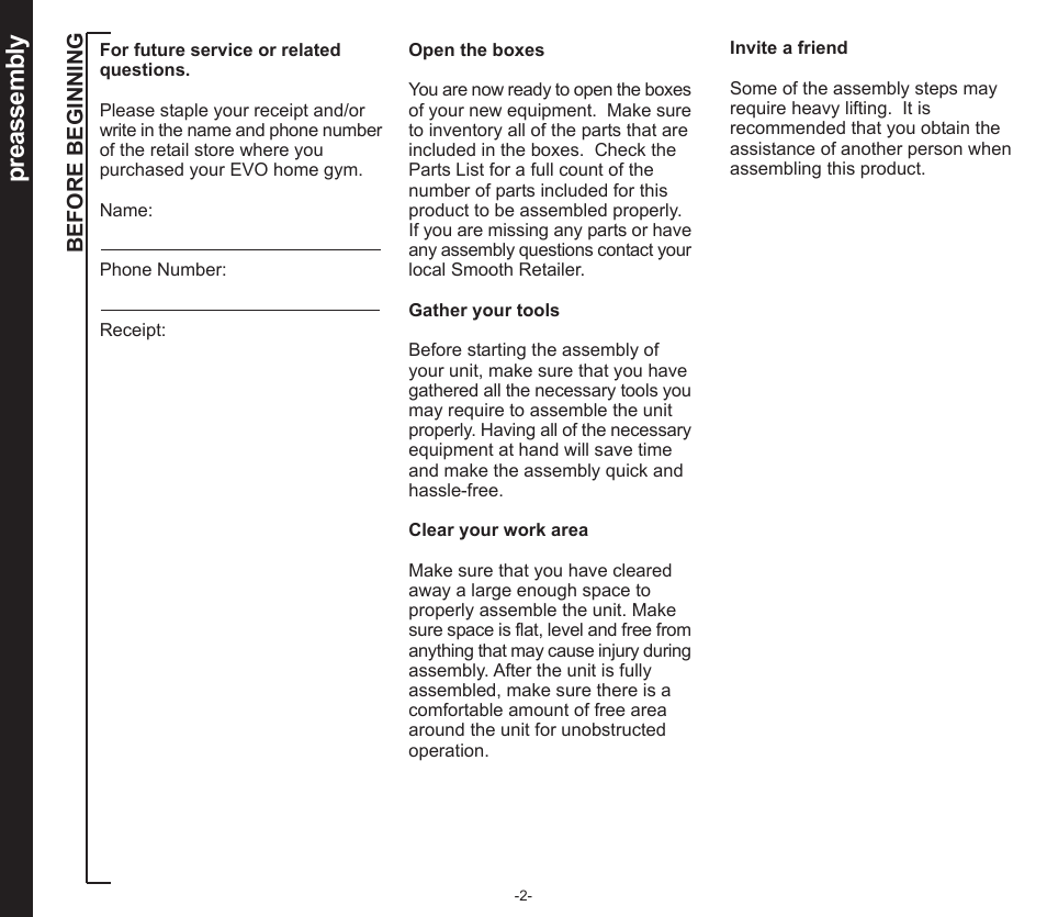 Preassembly | Evo Fitness SEDONA 50553 User Manual | Page 2 / 20