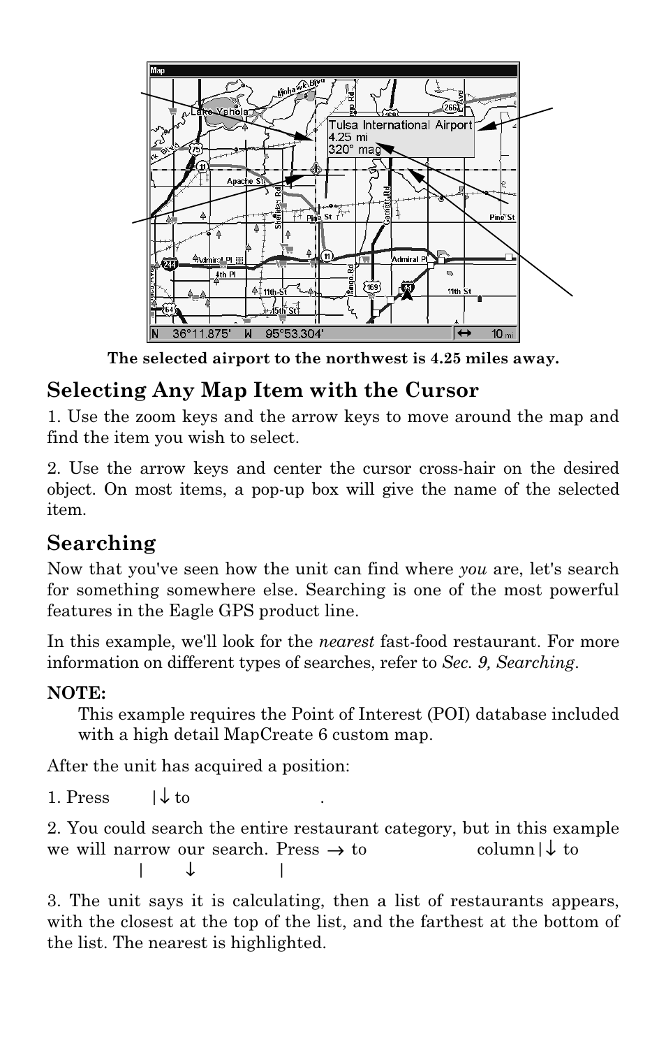 Selecting any map item with the cursor, Searching | Eagle Electronics FISHSTRIKE 1000C User Manual | Page 114 / 204