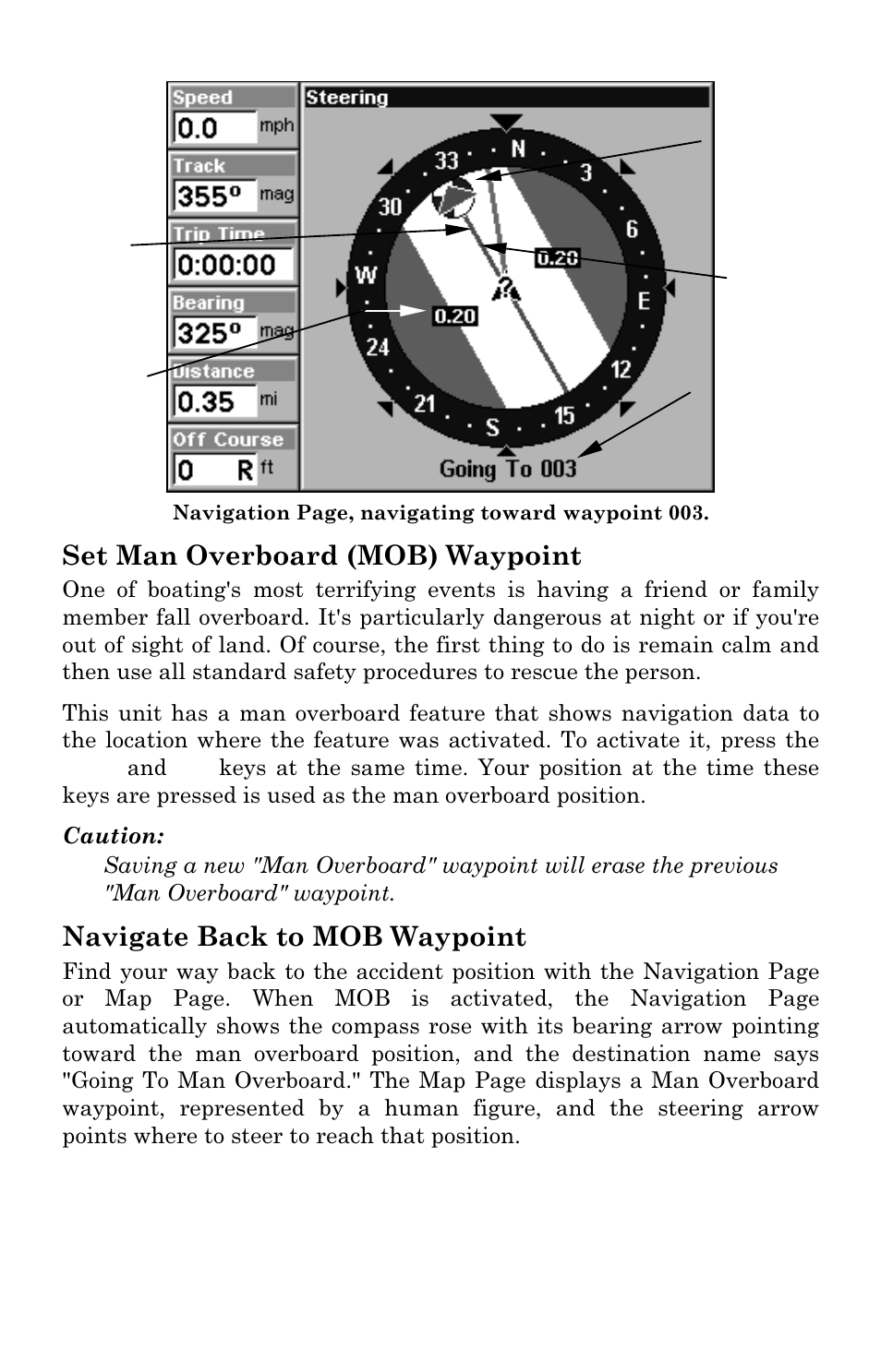 Set man overboard (mob) waypoint, Navigate back to mob waypoint | Eagle Electronics FISHSTRIKE 1000C User Manual | Page 119 / 204