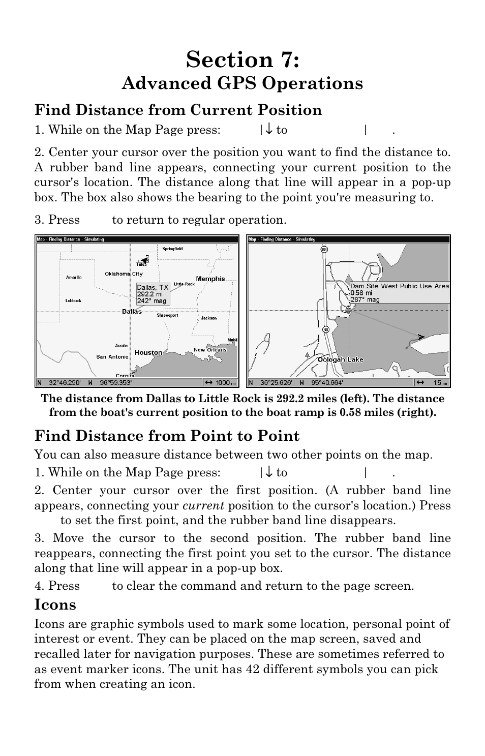 Advanced gps operations, Find distance from current position, Find distance from point to point | Icons | Eagle Electronics FISHSTRIKE 1000C User Manual | Page 131 / 204