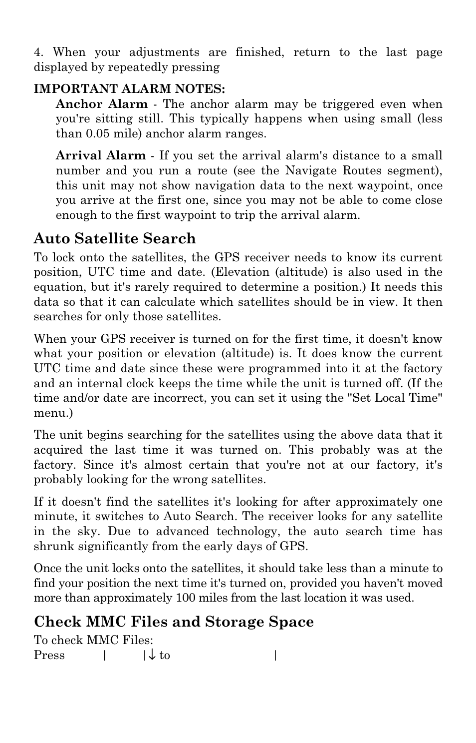 Auto satellite search, Check mmc files and storage space | Eagle Electronics FISHSTRIKE 1000C User Manual | Page 144 / 204