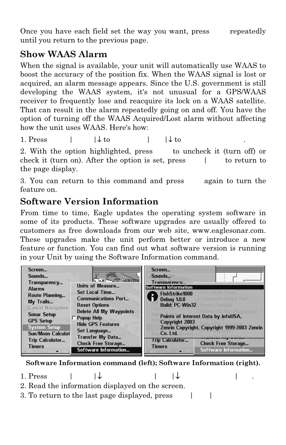 Show waas alarm, Software version information | Eagle Electronics FISHSTRIKE 1000C User Manual | Page 172 / 204