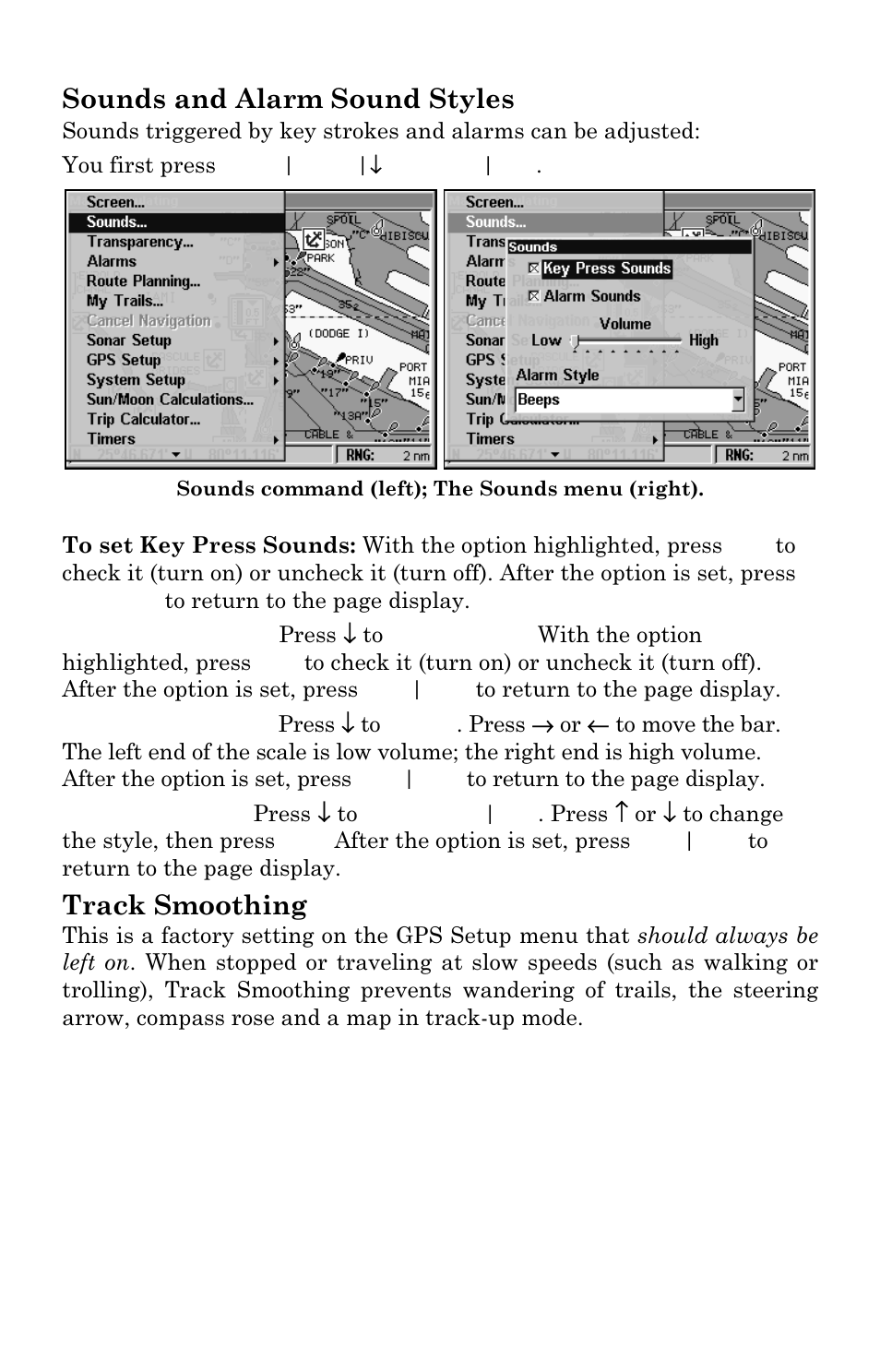 Sounds and alarm sound styles, Track smoothing | Eagle Electronics FISHSTRIKE 1000C User Manual | Page 173 / 204