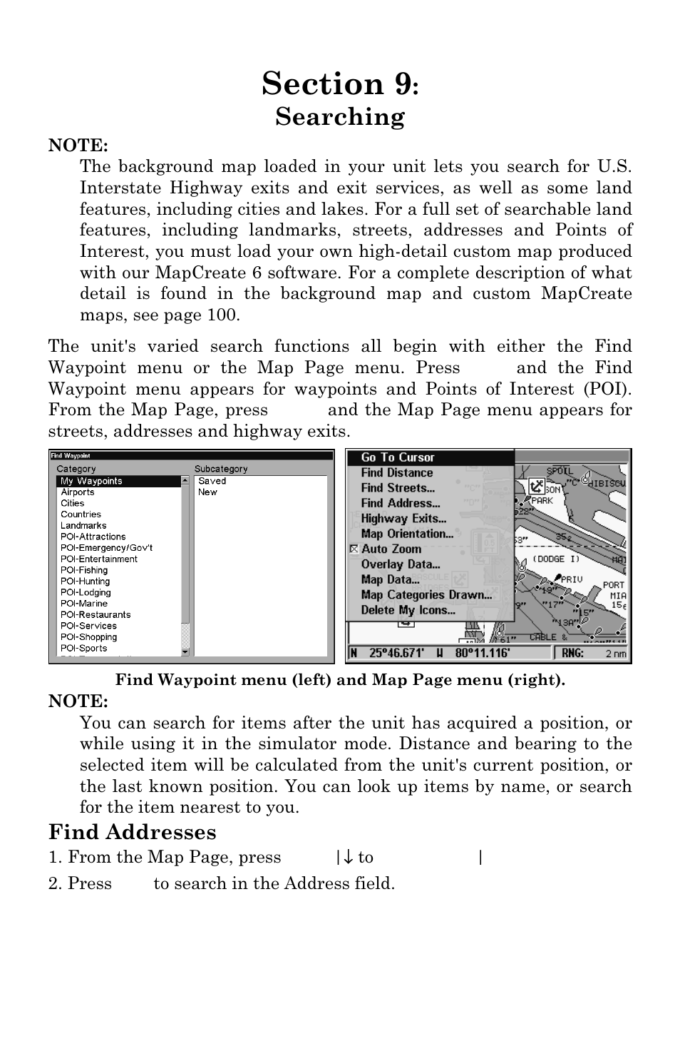 Searching, Find addresses | Eagle Electronics FISHSTRIKE 1000C User Manual | Page 179 / 204