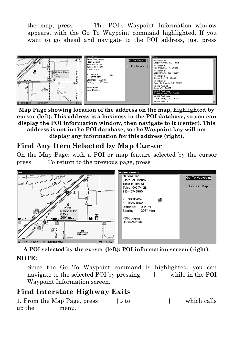 Find any item selected by map cursor, Find interstate highway exits | Eagle Electronics FISHSTRIKE 1000C User Manual | Page 182 / 204