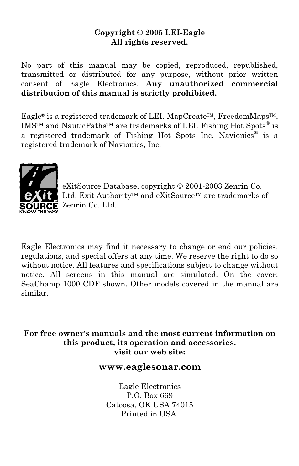 Eagle Electronics FISHSTRIKE 1000C User Manual | Page 2 / 204