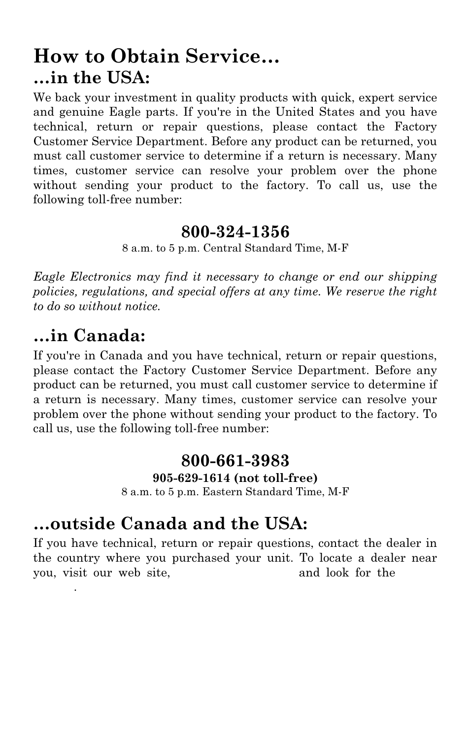 How to obtain service, Outside canada and the usa | Eagle Electronics FISHSTRIKE 1000C User Manual | Page 201 / 204