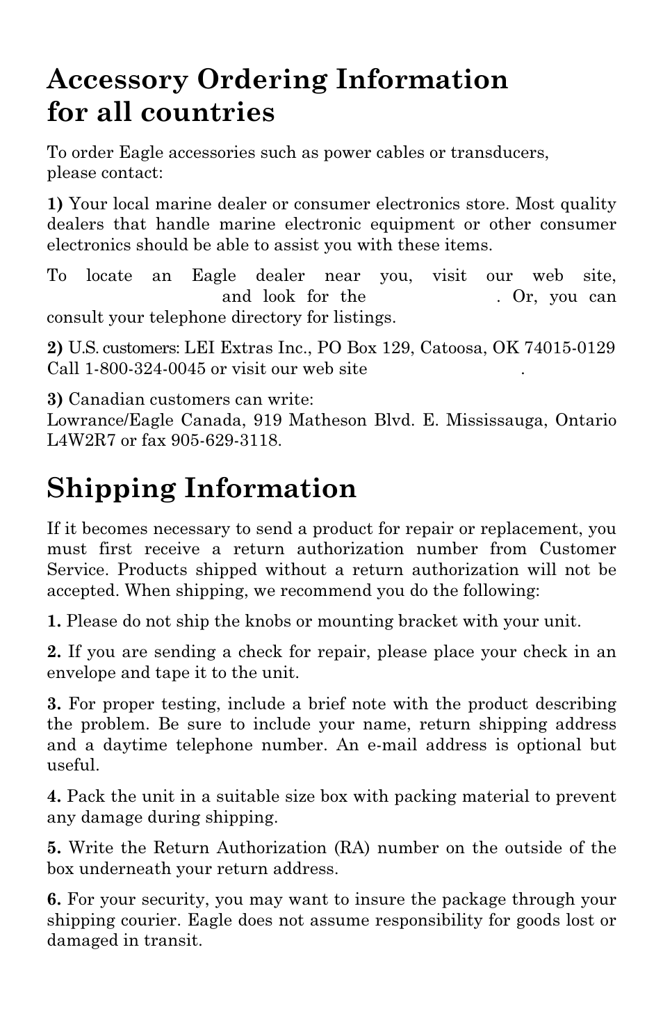 Accessory ordering information for all countries, Shipping information | Eagle Electronics FISHSTRIKE 1000C User Manual | Page 203 / 204