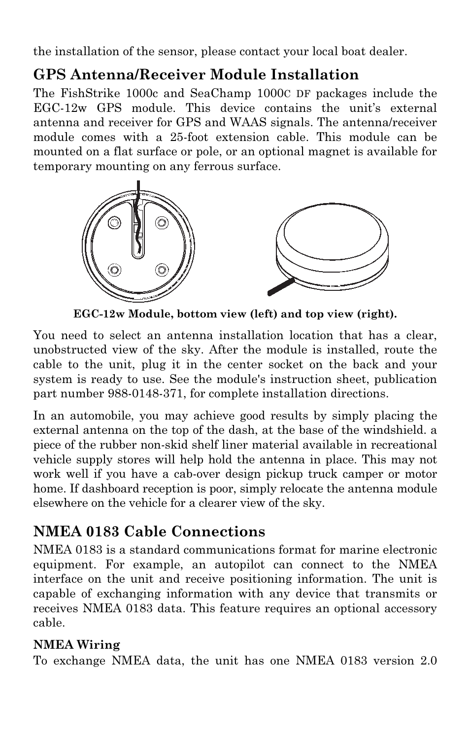 Gps antenna/receiver module installation, Nmea 0183 cable connections | Eagle Electronics FISHSTRIKE 1000C User Manual | Page 40 / 204