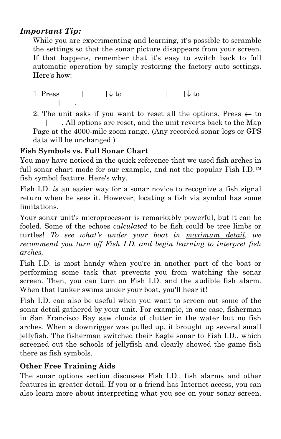 Important tip | Eagle Electronics FISHSTRIKE 1000C User Manual | Page 60 / 204