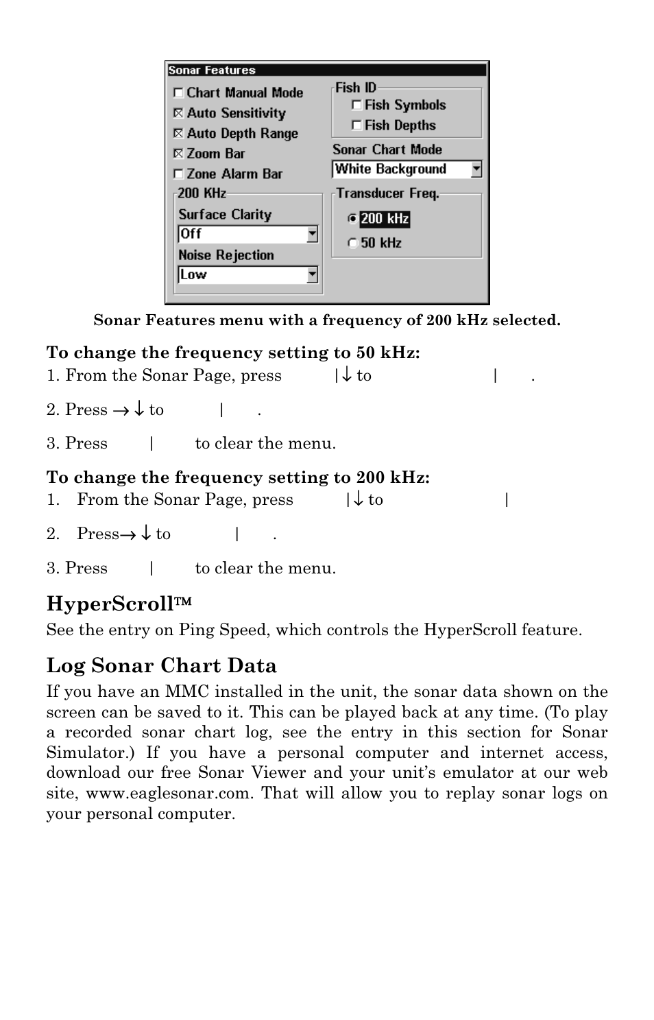 Hyperscroll, Log sonar chart data | Eagle Electronics FISHSTRIKE 1000C User Manual | Page 75 / 204