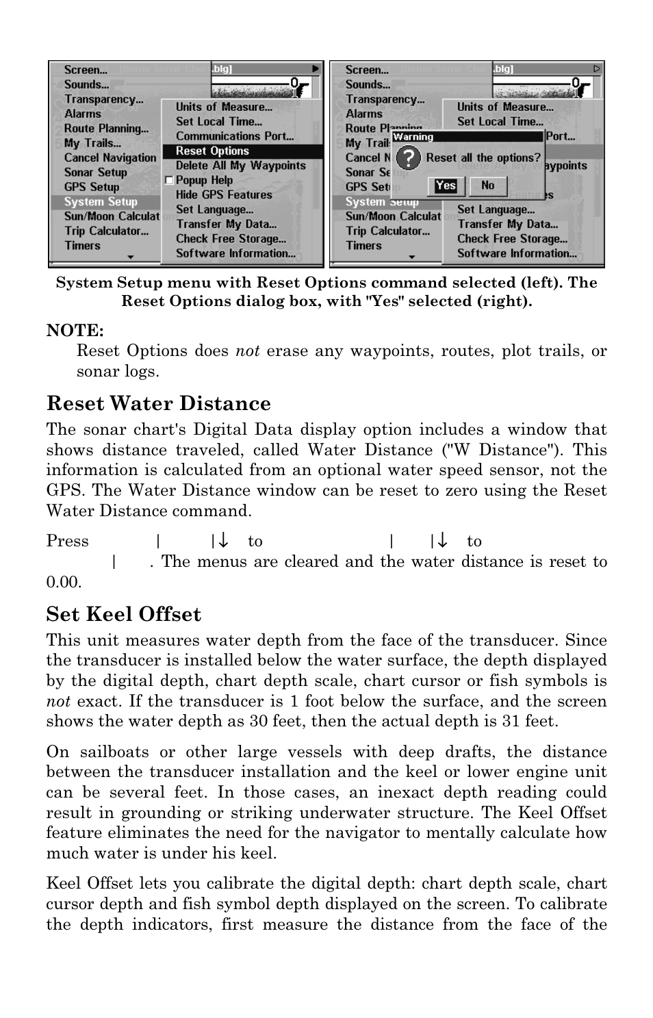 Reset water distance, Set keel offset | Eagle Electronics FISHSTRIKE 1000C User Manual | Page 82 / 204