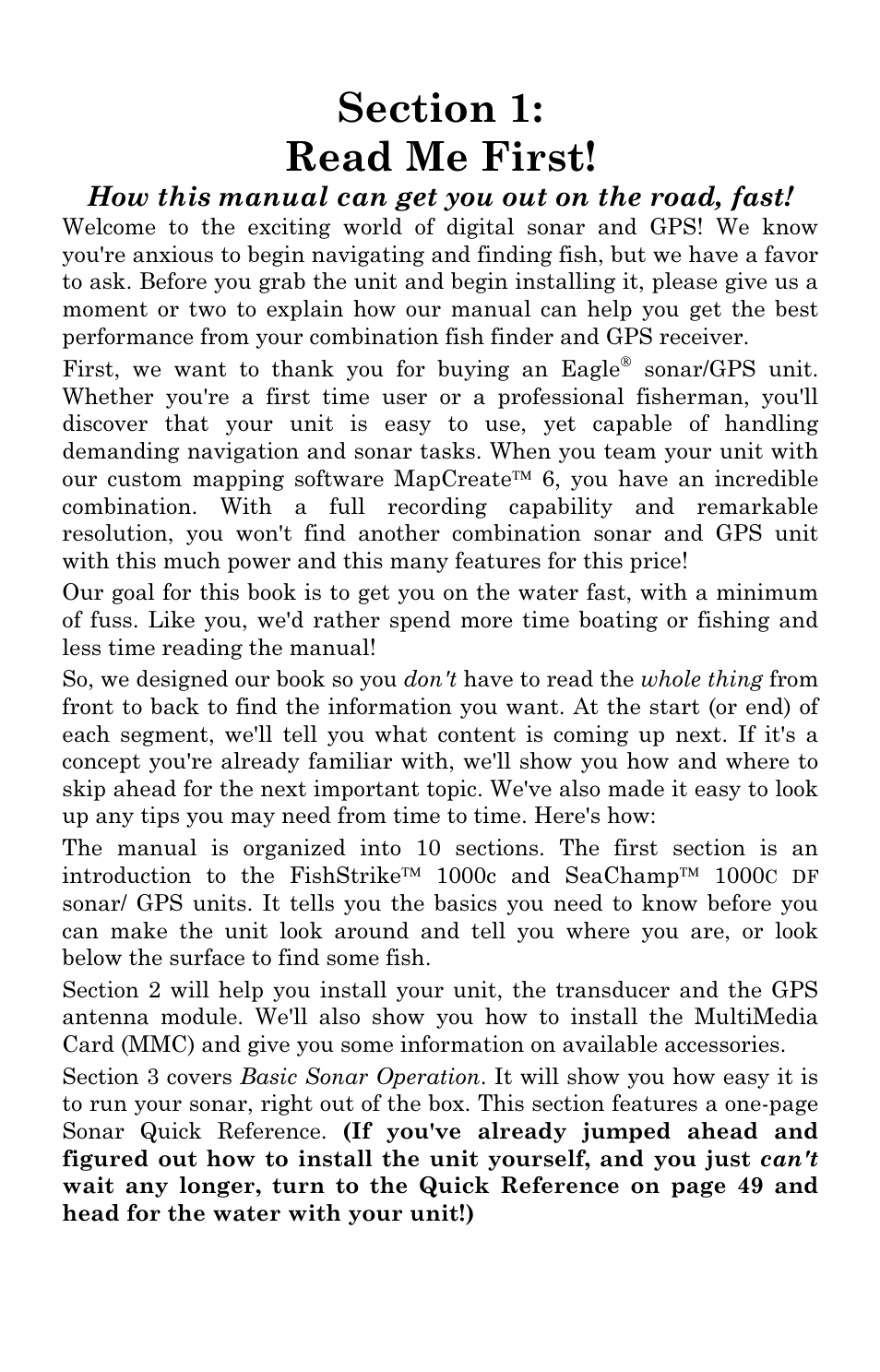 How this manual can get you out on the road, fast | Eagle Electronics FISHSTRIKE 1000C User Manual | Page 9 / 204