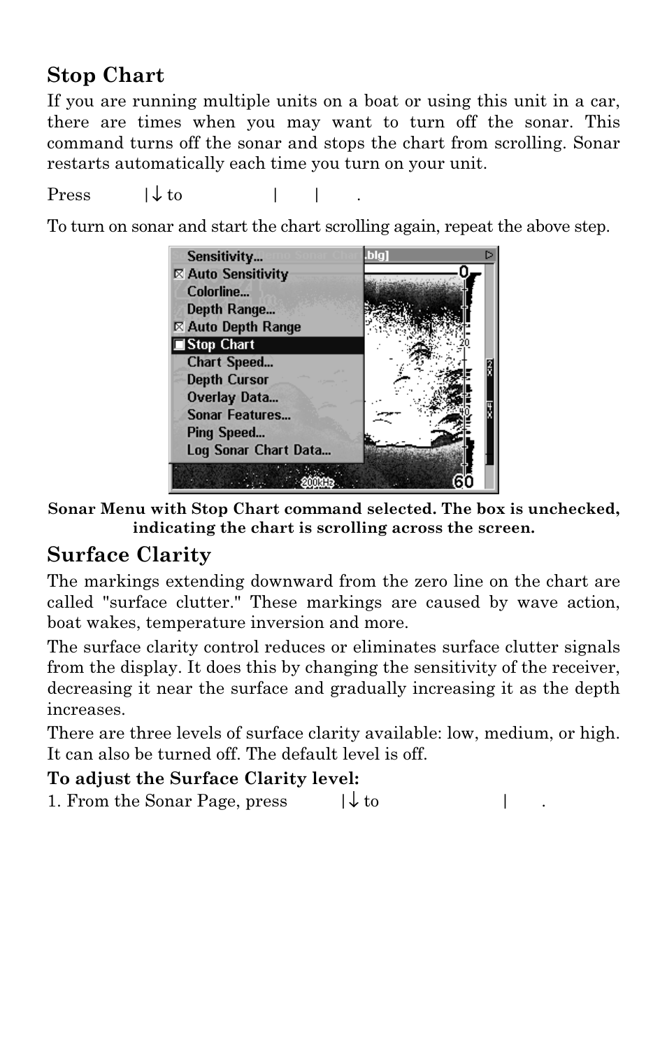 Stop chart, Surface clarity | Eagle Electronics FISHSTRIKE 1000C User Manual | Page 92 / 204