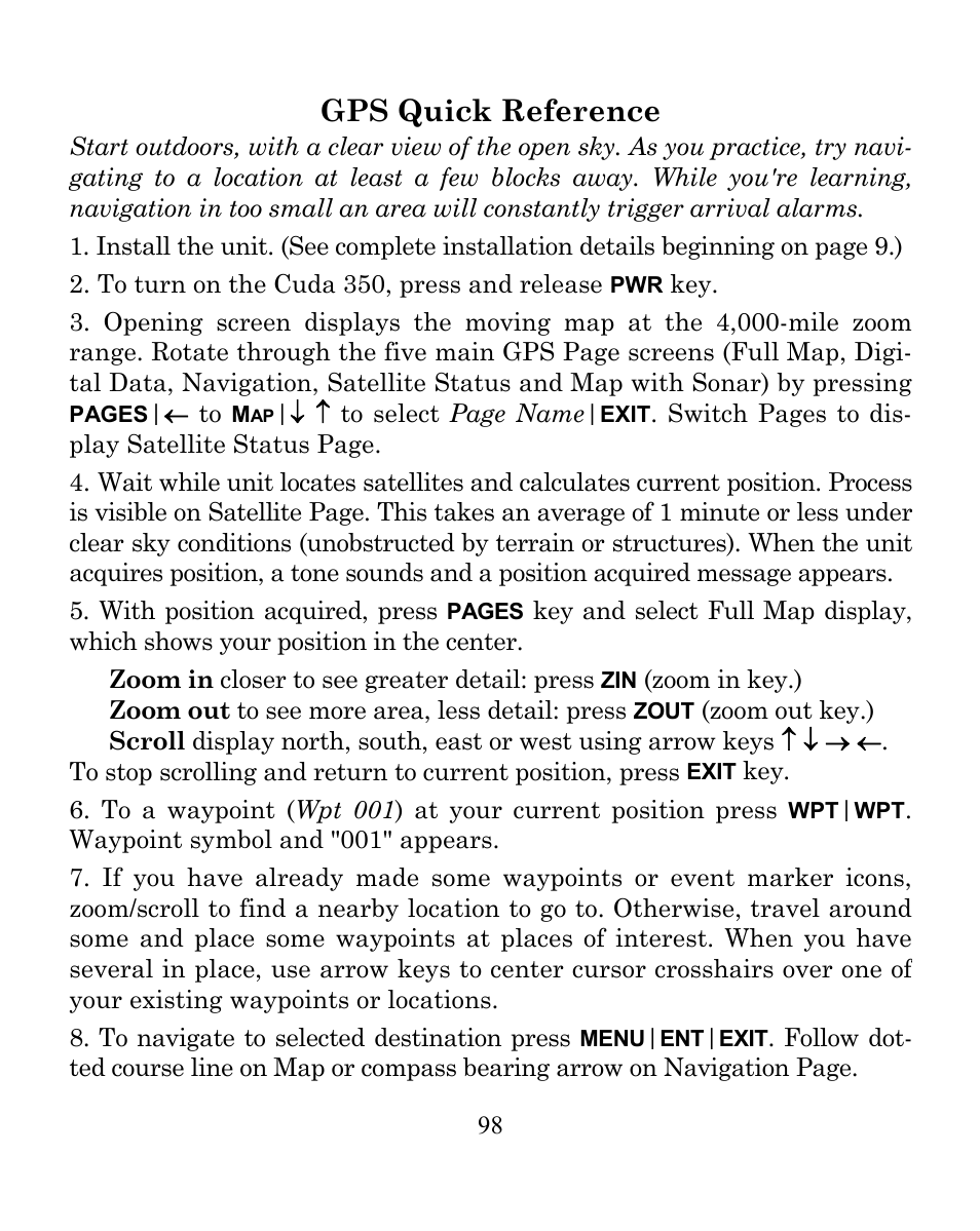 Gps quick reference | Eagle Electronics CUDA 350 S/MAP User Manual | Page 106 / 180