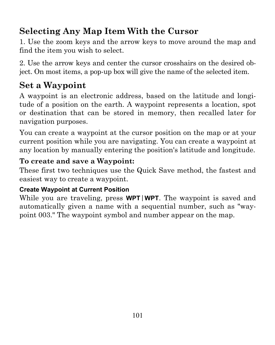 Selecting any map item with the cursor, Set a waypoint | Eagle Electronics CUDA 350 S/MAP User Manual | Page 109 / 180