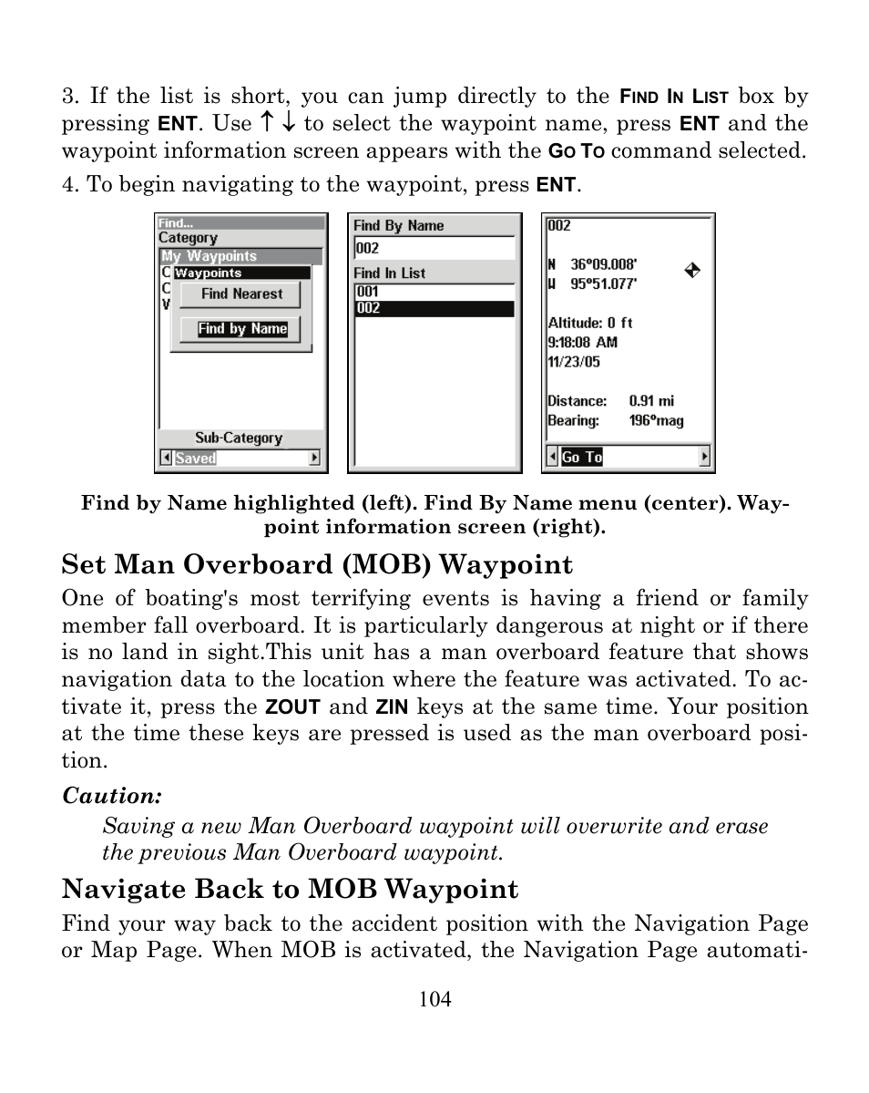 Set man overboard (mob) waypoint, Navigate back to mob waypoint | Eagle Electronics CUDA 350 S/MAP User Manual | Page 112 / 180