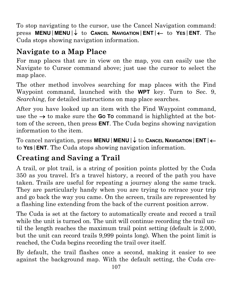 Navigate to a map place, Creating and saving a trail | Eagle Electronics CUDA 350 S/MAP User Manual | Page 115 / 180