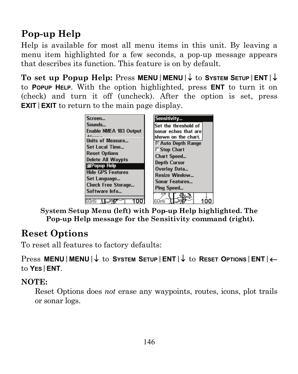 Pop-up help, Reset options | Eagle Electronics CUDA 350 S/MAP User Manual | Page 154 / 180