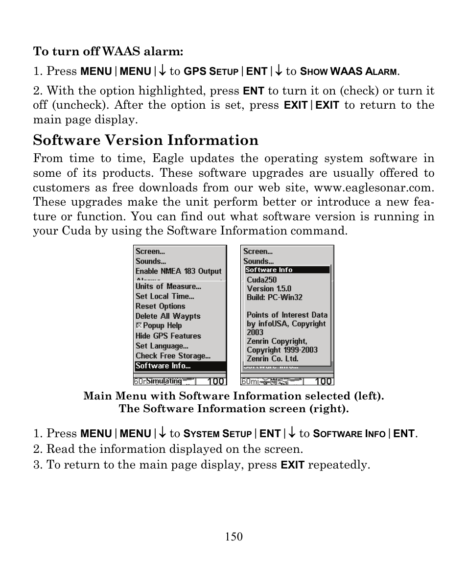 Software version information | Eagle Electronics CUDA 350 S/MAP User Manual | Page 158 / 180