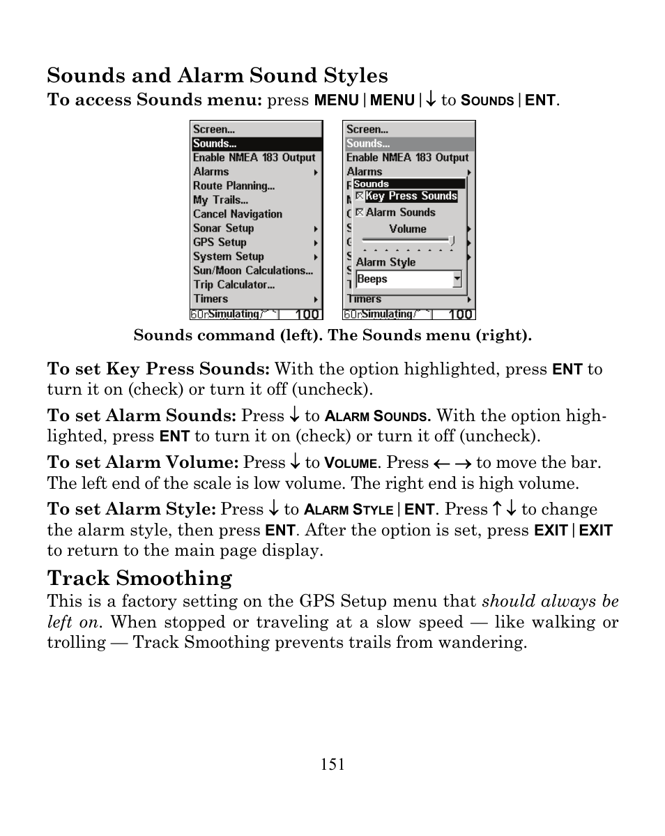 Sounds and alarm sound styles, Track smoothing | Eagle Electronics CUDA 350 S/MAP User Manual | Page 159 / 180