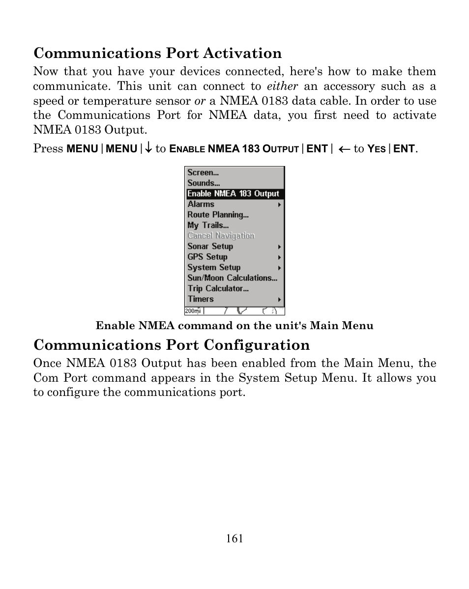 Communications port activation, Communications port configuration | Eagle Electronics CUDA 350 S/MAP User Manual | Page 169 / 180