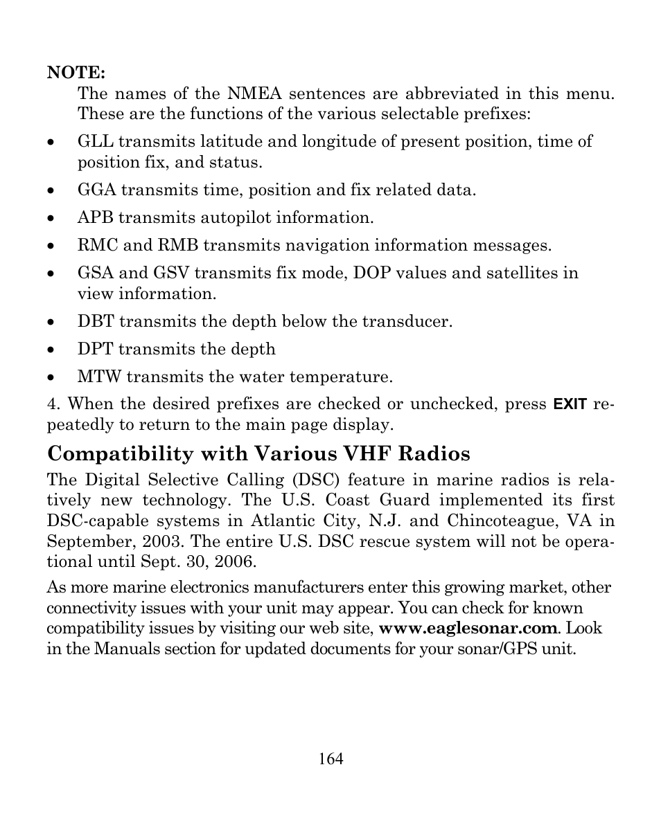 Compatibility with various vhf radios | Eagle Electronics CUDA 350 S/MAP User Manual | Page 172 / 180