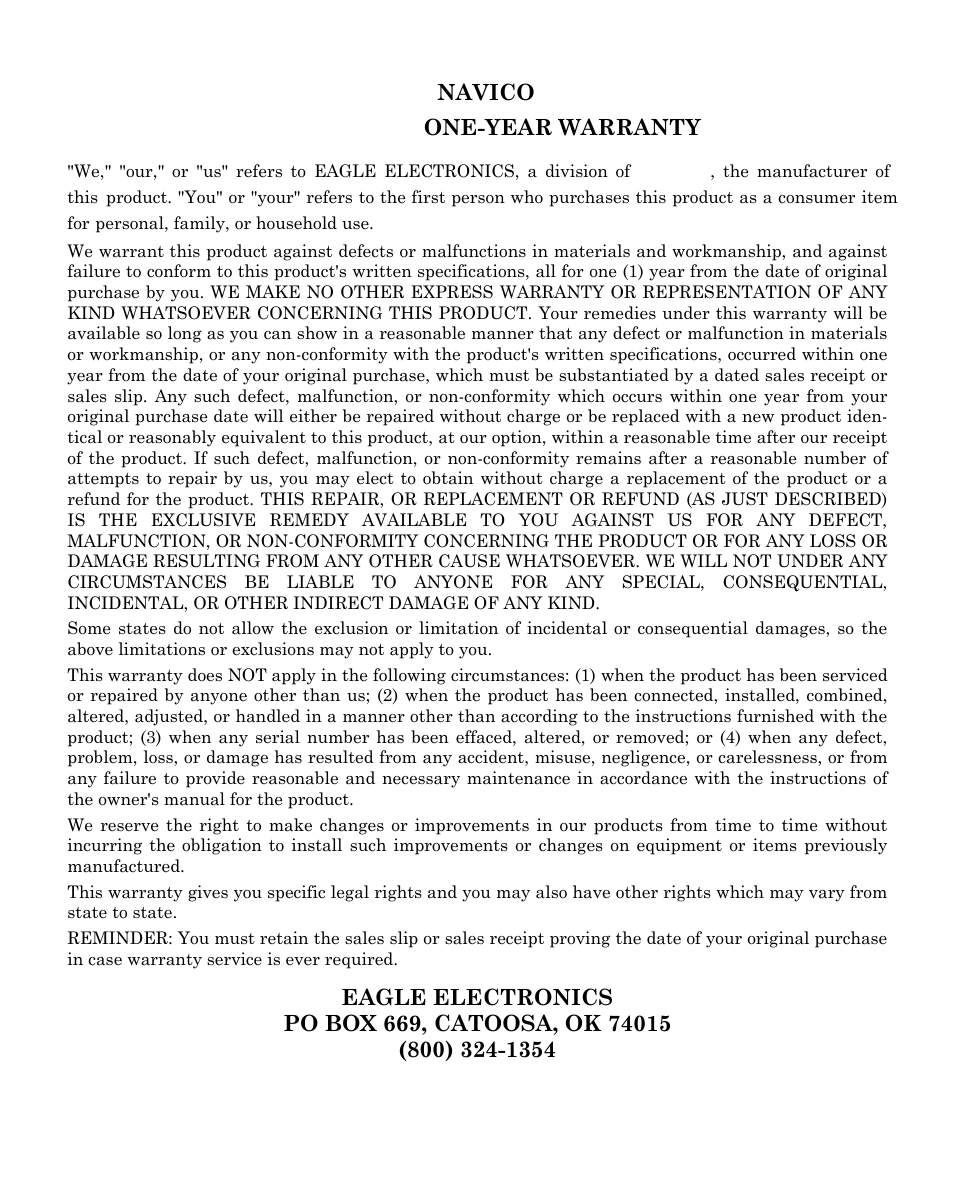 Navico limited one-year warranty | Eagle Electronics CUDA 350 S/MAP User Manual | Page 177 / 180