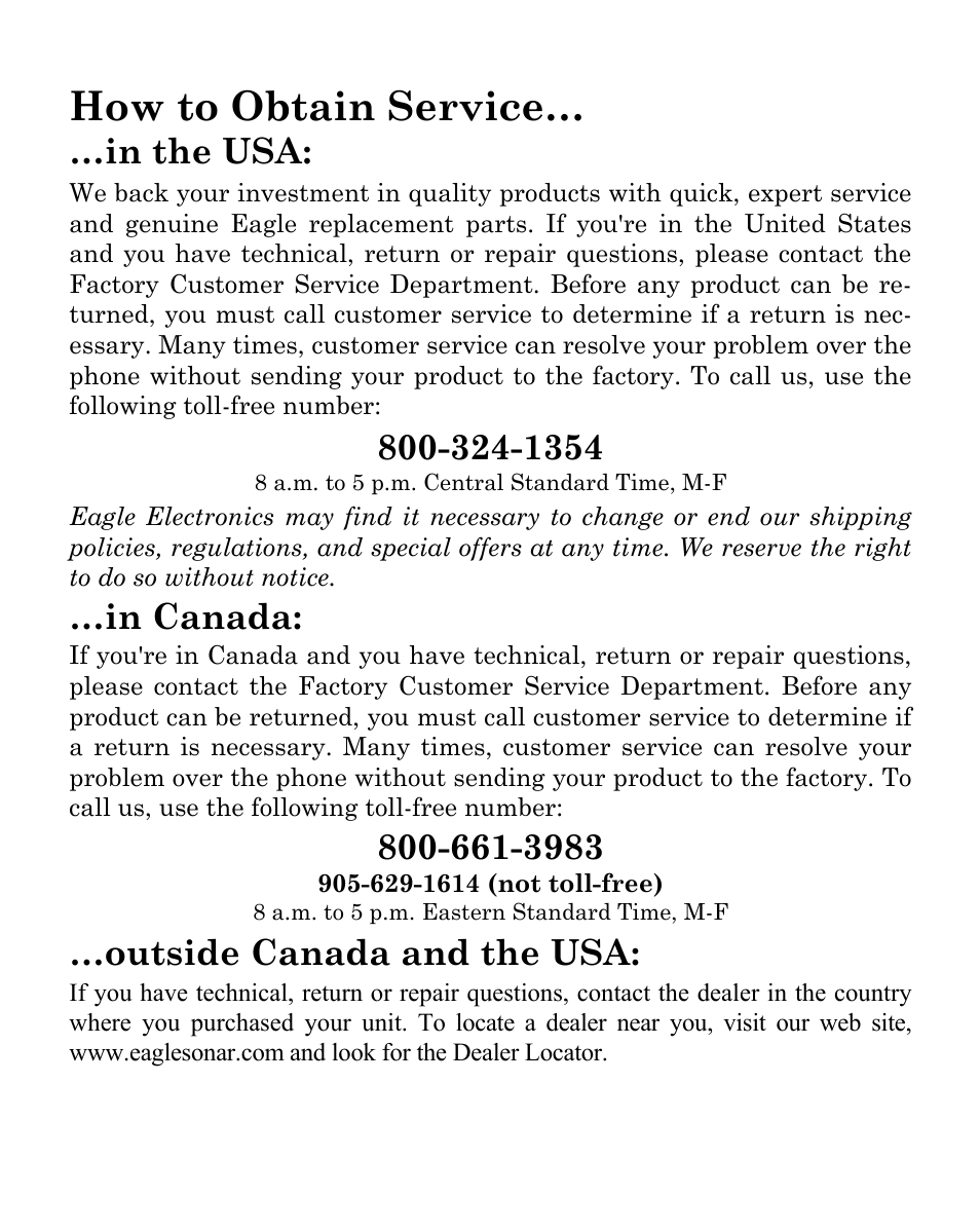 How to obtain service, Outside canada and the usa | Eagle Electronics CUDA 350 S/MAP User Manual | Page 178 / 180