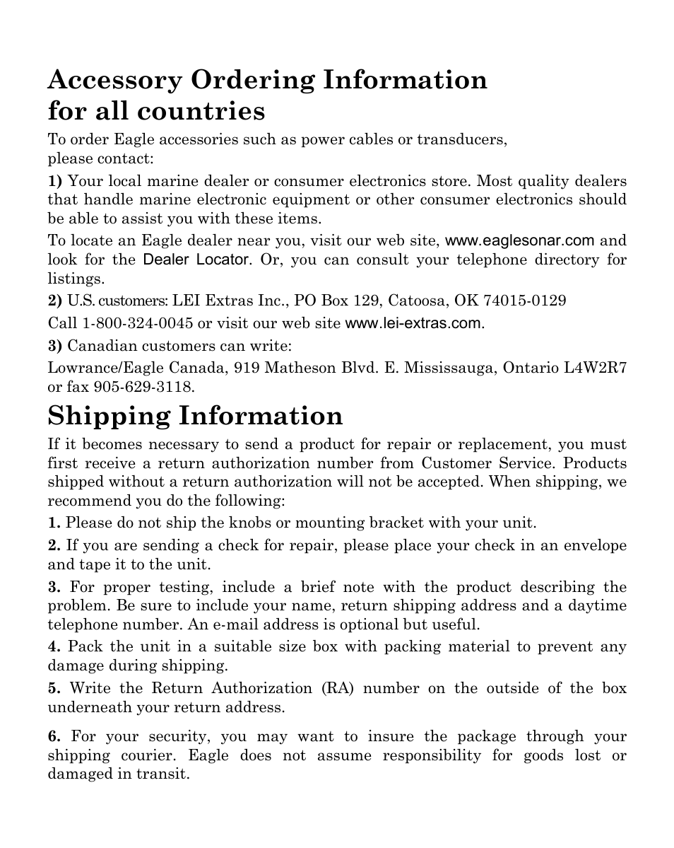 Accessory ordering information for all countries, Shipping information | Eagle Electronics CUDA 350 S/MAP User Manual | Page 179 / 180