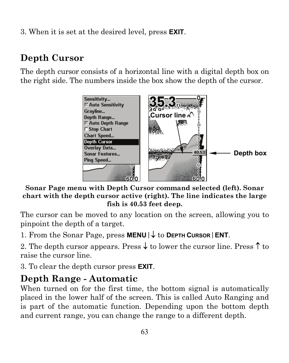 Depth cursor, Depth range - automatic | Eagle Electronics CUDA 350 S/MAP User Manual | Page 71 / 180